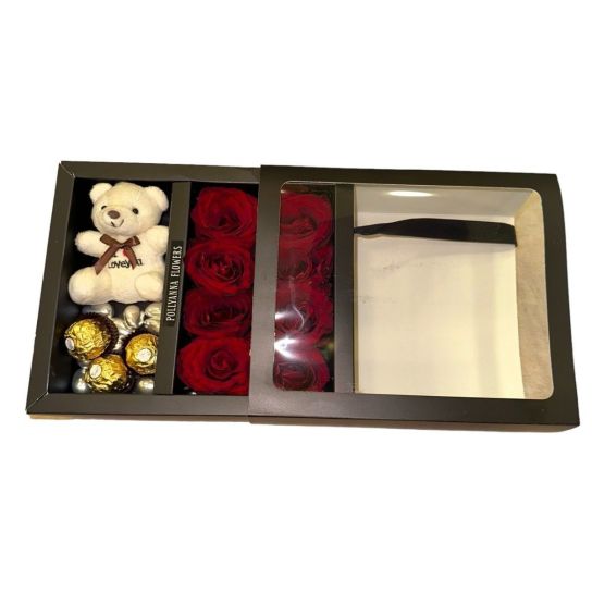 Premium Black Kutuda Mini Ayıcıklı Kırmızı Gül Ve Çikolata